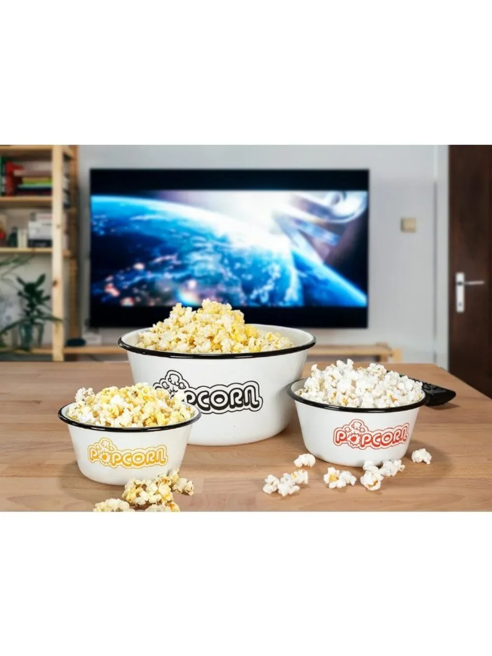 Set of 5 White Enamel Popcorn Bowls - Classic 4 Quart & 1.2 Quart, Assorted
